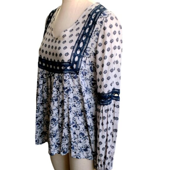 Clover + Scout M BOHO Lagenlook LS Blouse Mixed Floral Ladder Lace Trim 23G - Picture 5 of 8